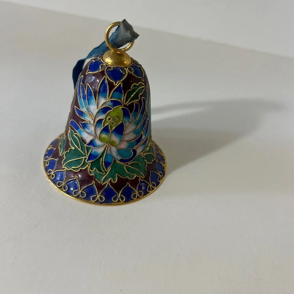 Vintage Cloisonne Ornament Floral‎ Bell Purple Blue Green 3
